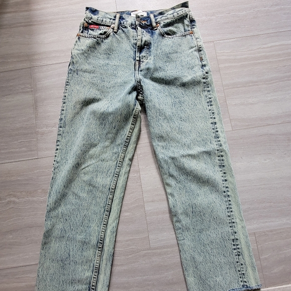 Teddy Fresh Women's Green Acid Wash Jeans Size 26 High Rise Raw Hem Button Fly - Picture 12 of 15